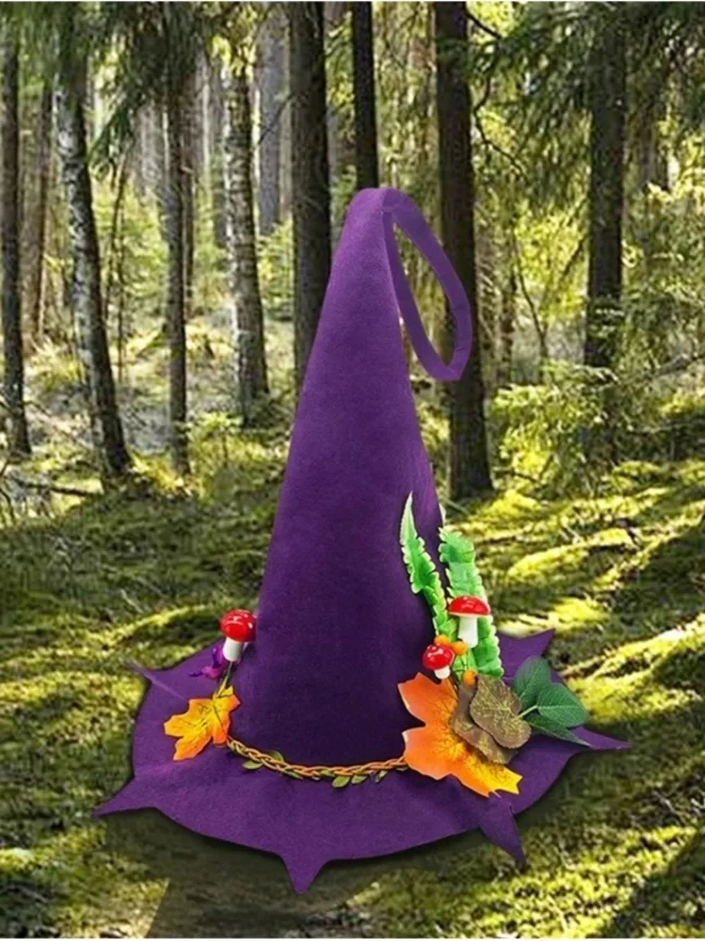 Purple Witch Hat with Fall Leaf & Mushroom Accents